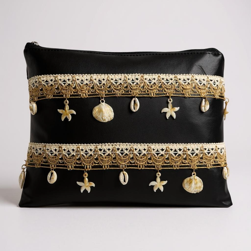 Seashell Charm Black Clutch Bag