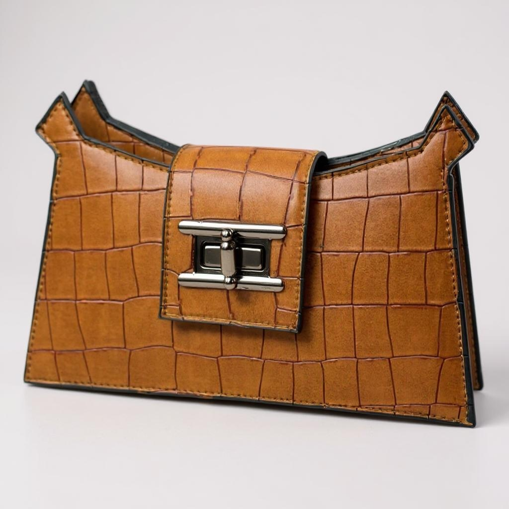 Almaza Signature Croco-Embossed Trapeze Clutch – Cognac Brown