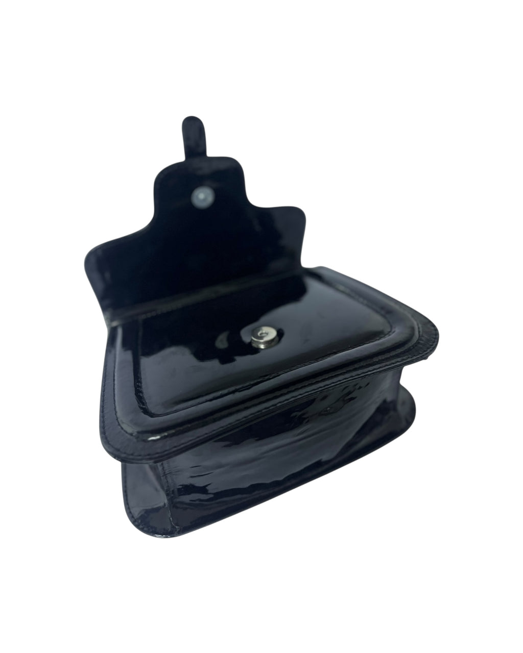 Elegant Glossy Black Structured Handbag – Vintage-Inspired Patent Leather with Top Handle & Front Strap Accent”