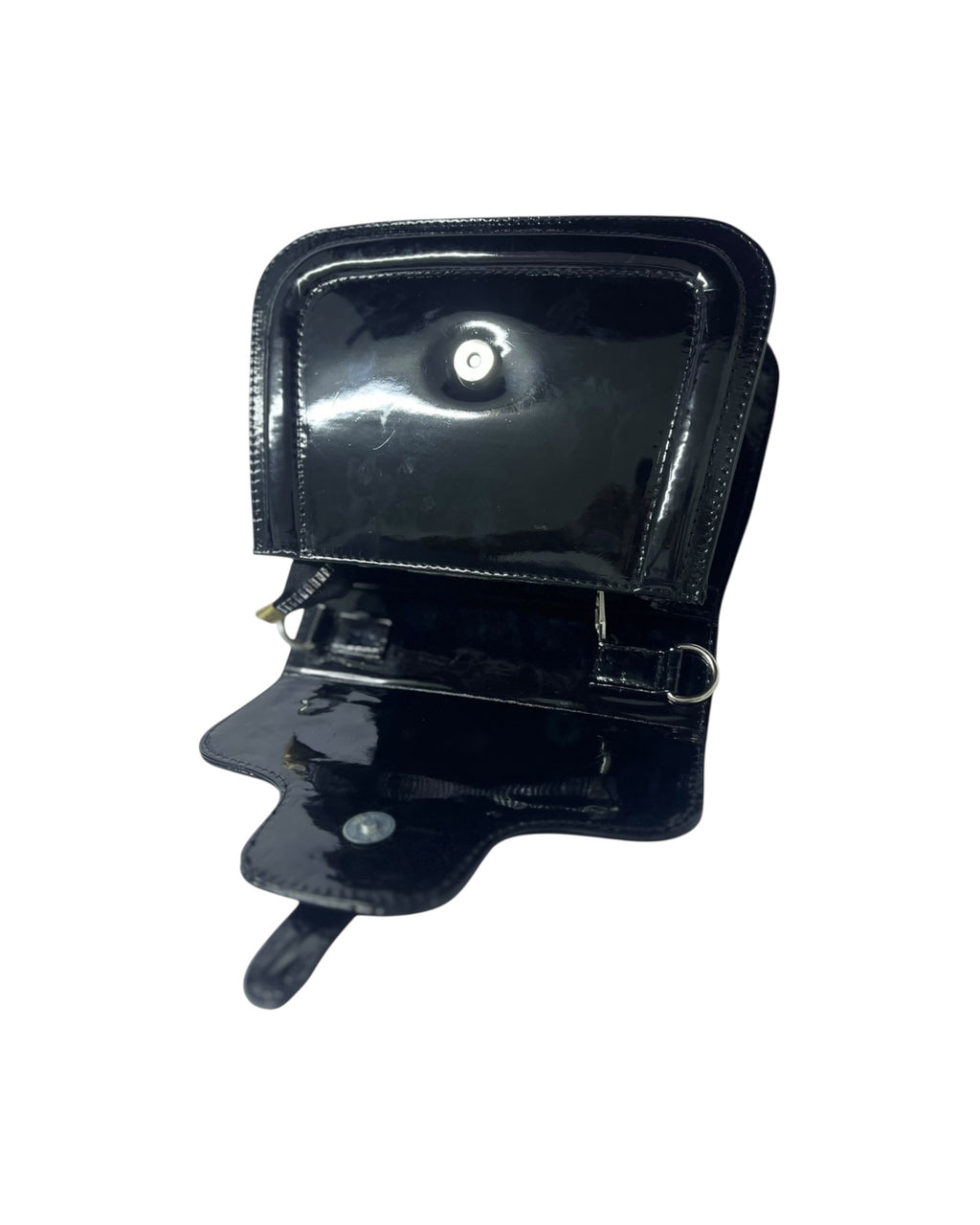 Elegant Glossy Black Structured Handbag – Vintage-Inspired Patent Leather with Top Handle & Front Strap Accent”