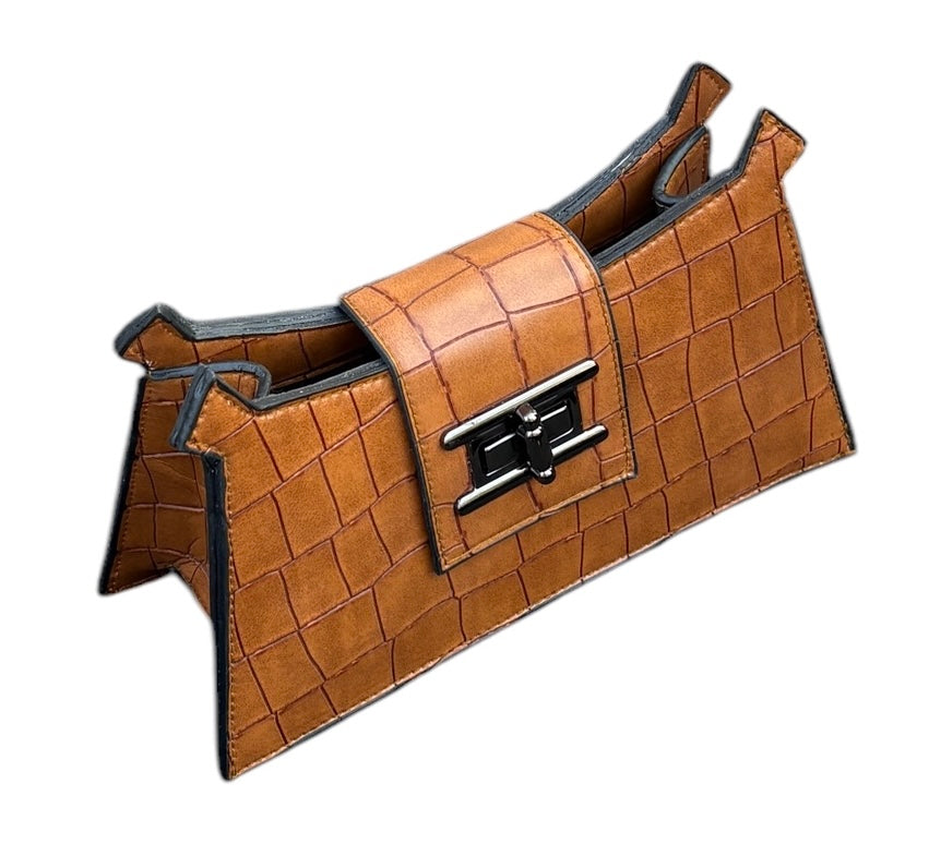 Almaza Signature Croco-Embossed Trapeze Clutch – Cognac Brown