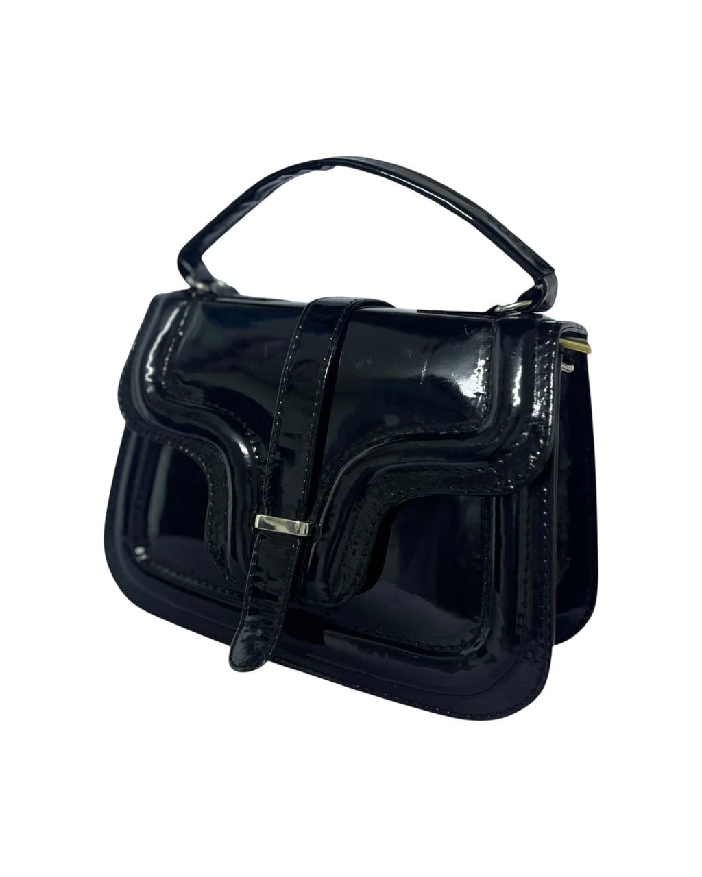 Elegant Glossy Black Structured Handbag – Vintage-Inspired Patent Leather with Top Handle & Front Strap Accent”