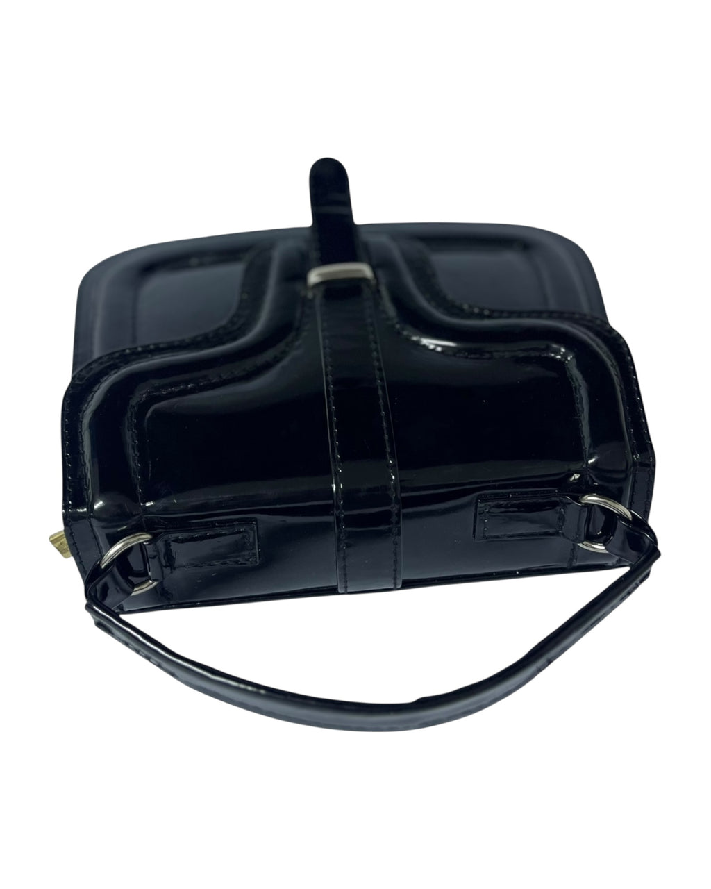 Elegant Glossy Black Structured Handbag – Vintage-Inspired Patent Leather with Top Handle & Front Strap Accent”