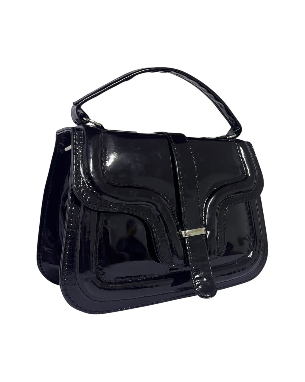 Elegant Glossy Black Structured Handbag – Vintage-Inspired Patent Leather with Top Handle & Front Strap Accent”