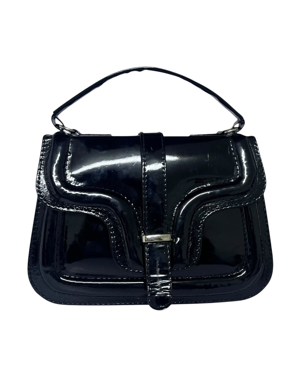 Elegant Glossy Black Structured Handbag – Vintage-Inspired Patent Leather with Top Handle & Front Strap Accent”