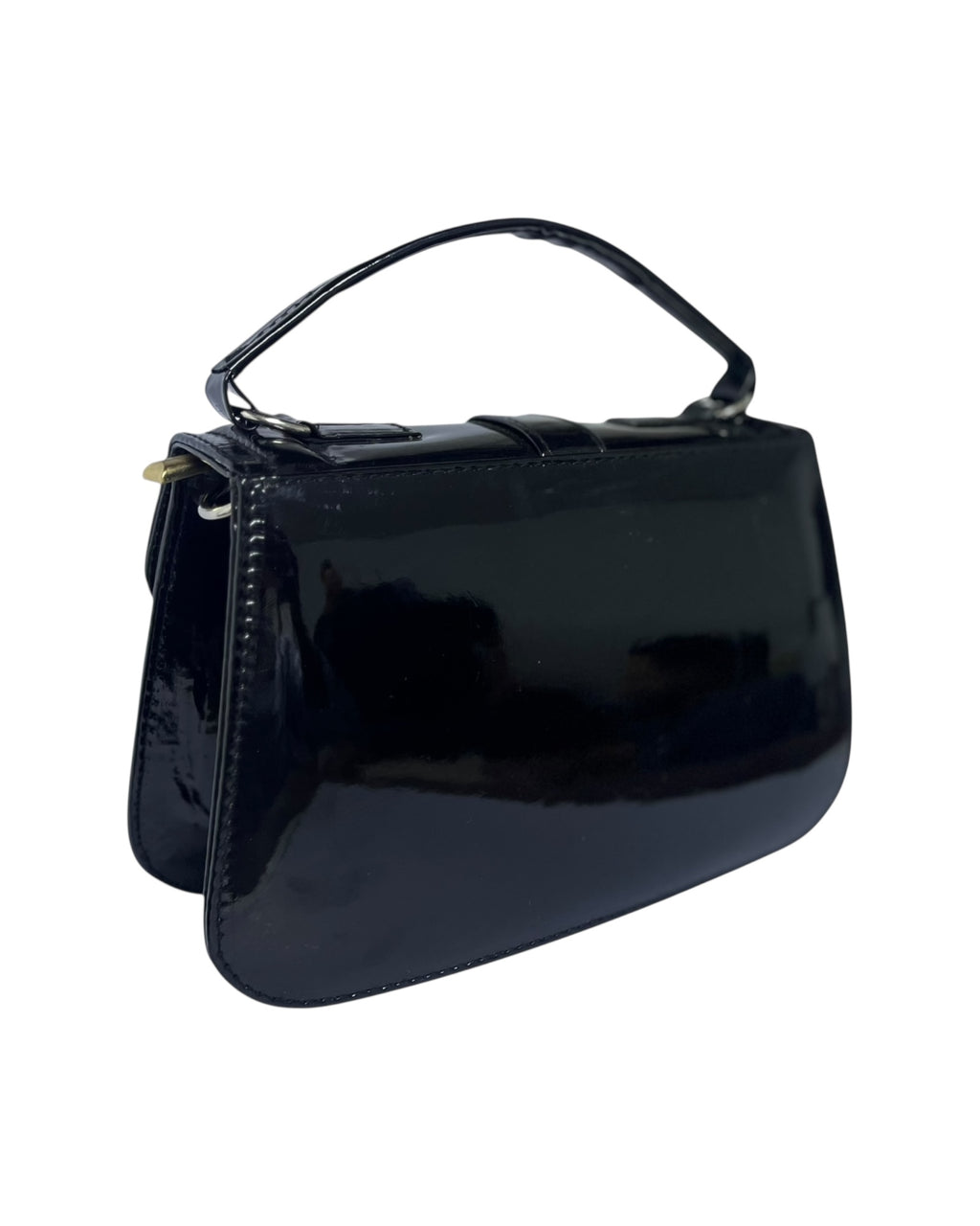 Elegant Glossy Black Structured Handbag – Vintage-Inspired Patent Leather with Top Handle & Front Strap Accent”