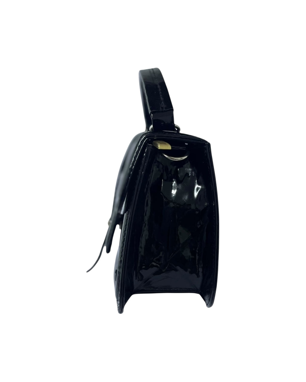 Elegant Glossy Black Structured Handbag – Vintage-Inspired Patent Leather with Top Handle & Front Strap Accent”