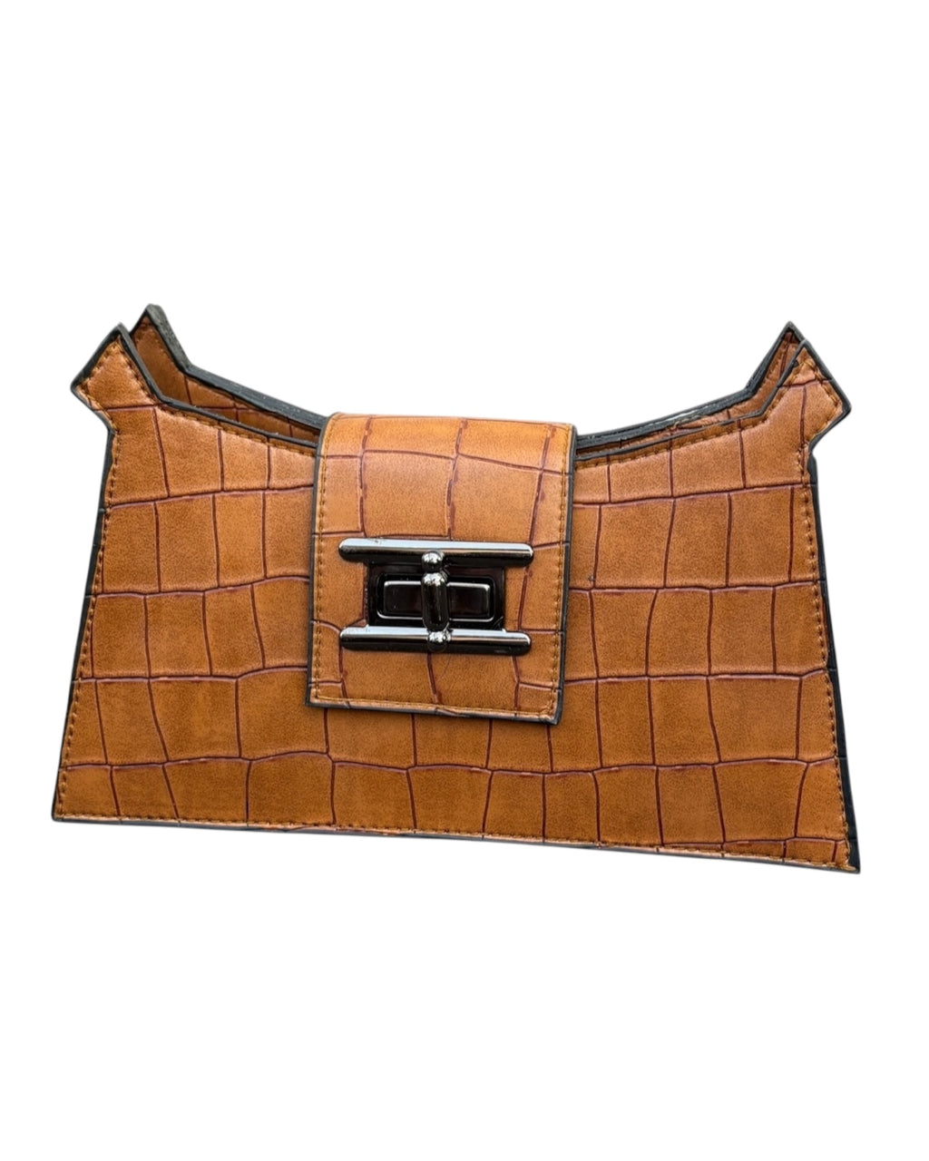 Almaza Signature Croco-Embossed Trapeze Clutch – Cognac Brown