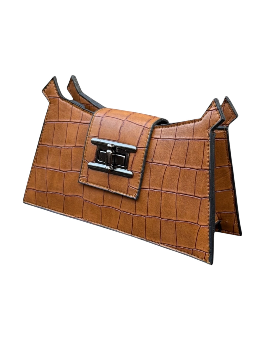 Almaza Signature Croco-Embossed Trapeze Clutch – Cognac Brown