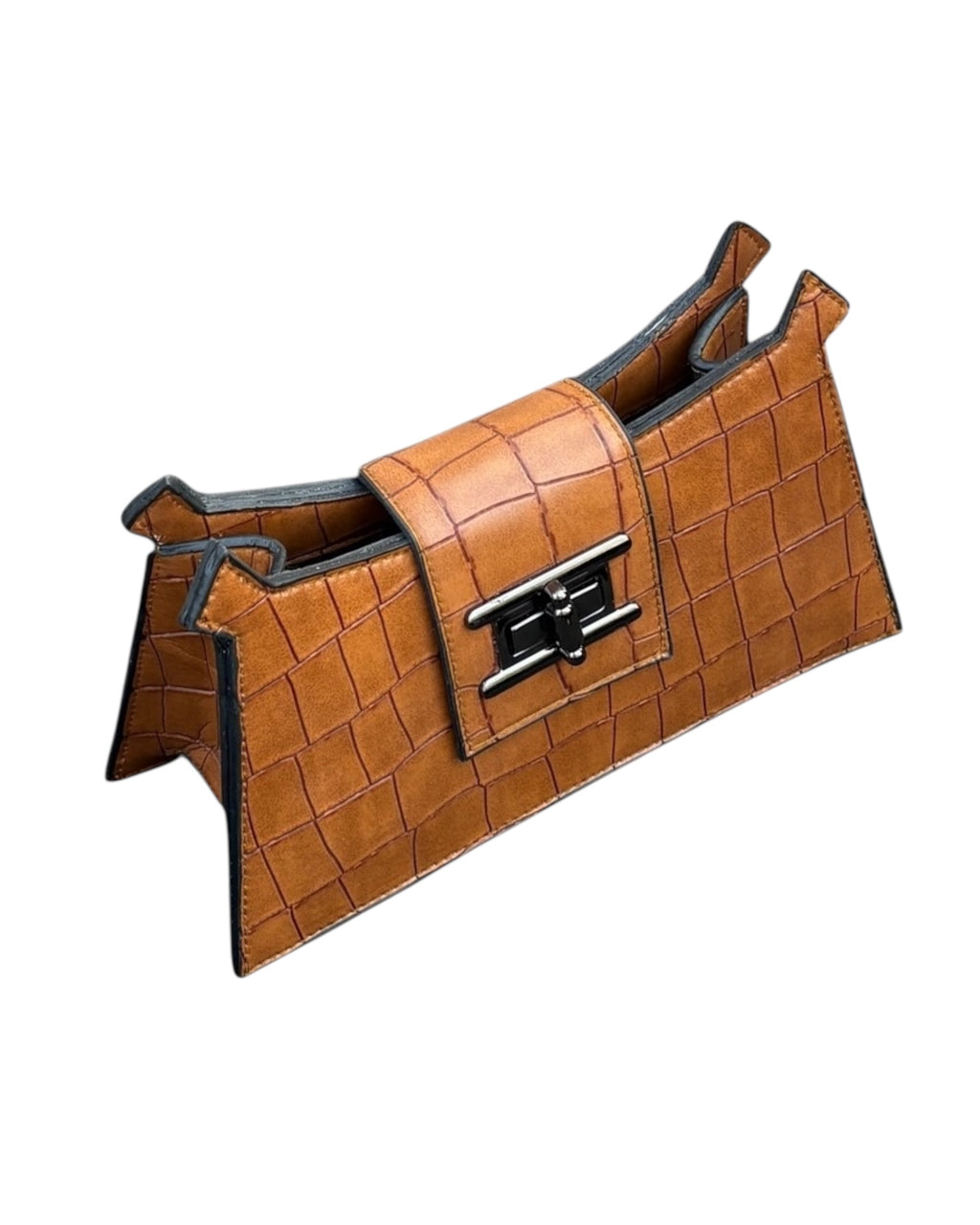 Almaza Signature Croco-Embossed Trapeze Clutch – Cognac Brown